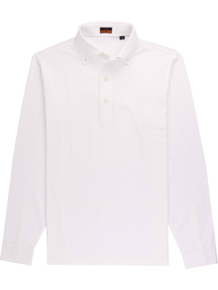 Ascot Chang White Polo Shirt is made with our in-house 100% cotton pique, our polos are cut in a slim fit and feature a button down collar with a deeper placket.  Shirt style collars and cuffs make it the perfect casual piece to wear under a soft-tailored jacket.