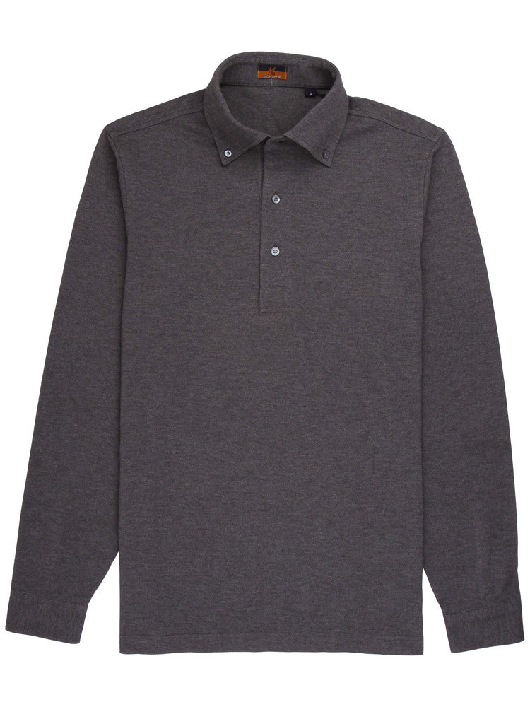 Ascot Chang Dark Grey Polo Shirt is made with our in-house 100% cotton pique, our polos are cut in a slim fit and feature a button down collar with a deeper placket.  Shirt style collars and cuffs make it the perfect casual piece to wear under a soft-tailored jacket.