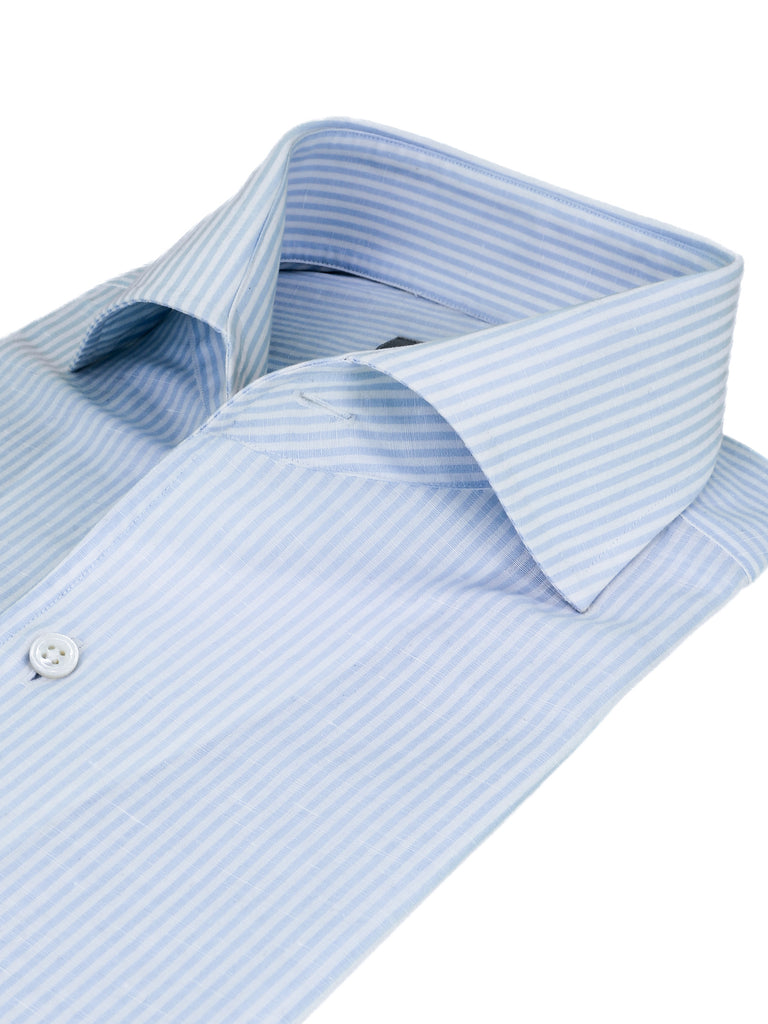 Sky Blue Stripe Cotton Linen Ascot Collar Shirt | Ascot Chang